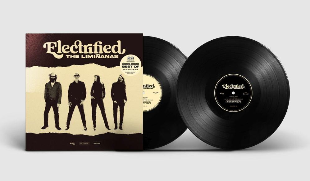 Vinyl-Schallplatten-Albumcover, schwarze Schallplatten. Das Cover zeigt eine Band mit beigem Hintergrund.