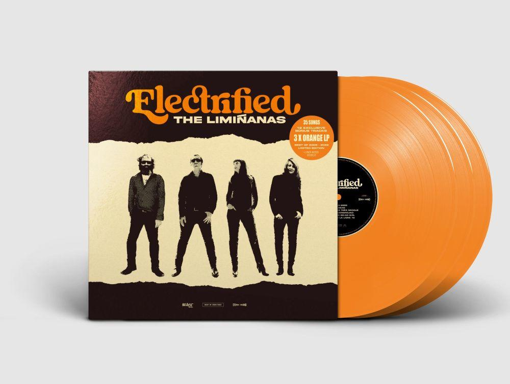 Orangefarbene Schallplatte mit Hülle mit Bandfoto und Albumdetails.