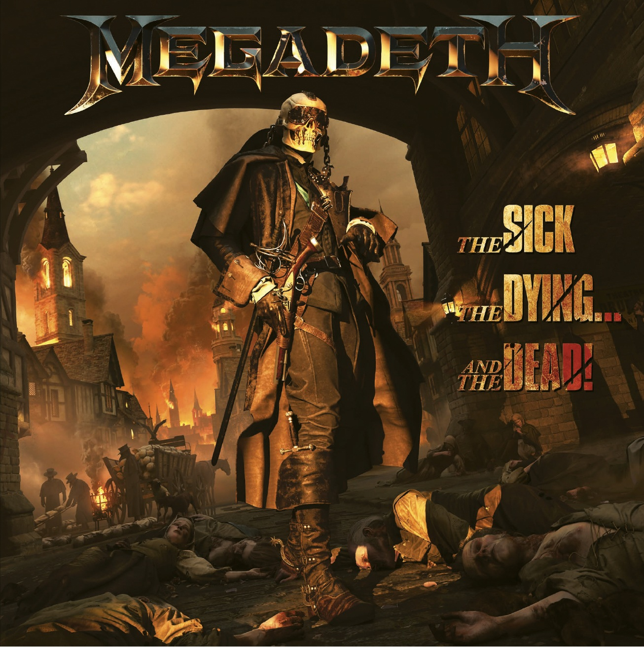 Albumcover für Megadeth. Eine Figur in einem Umhang steht über Leichen in einer kriegszerstörten Stadt.