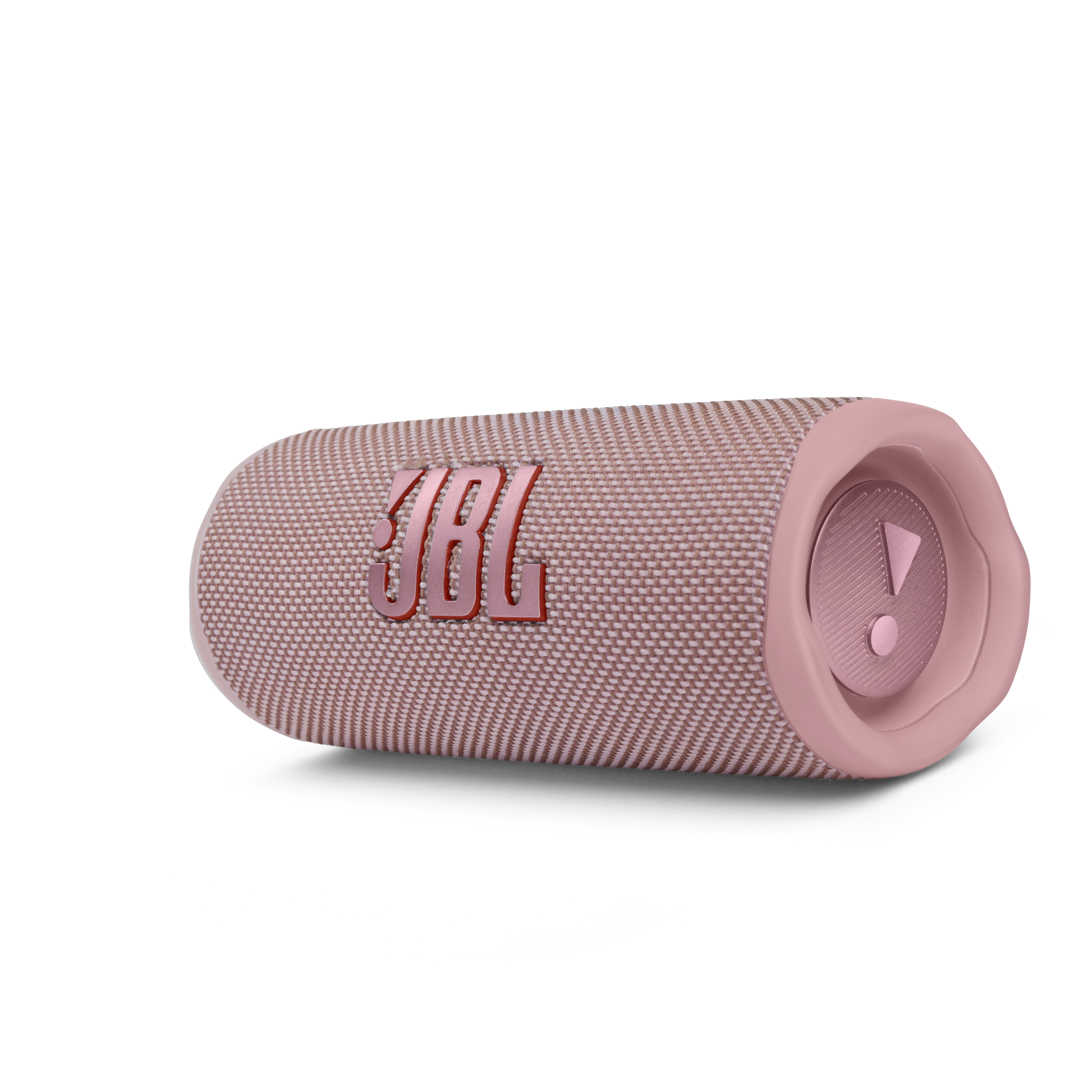 Beyaz yüzeyde yatay pembe JBL hoparlör, JBL logosu ile.