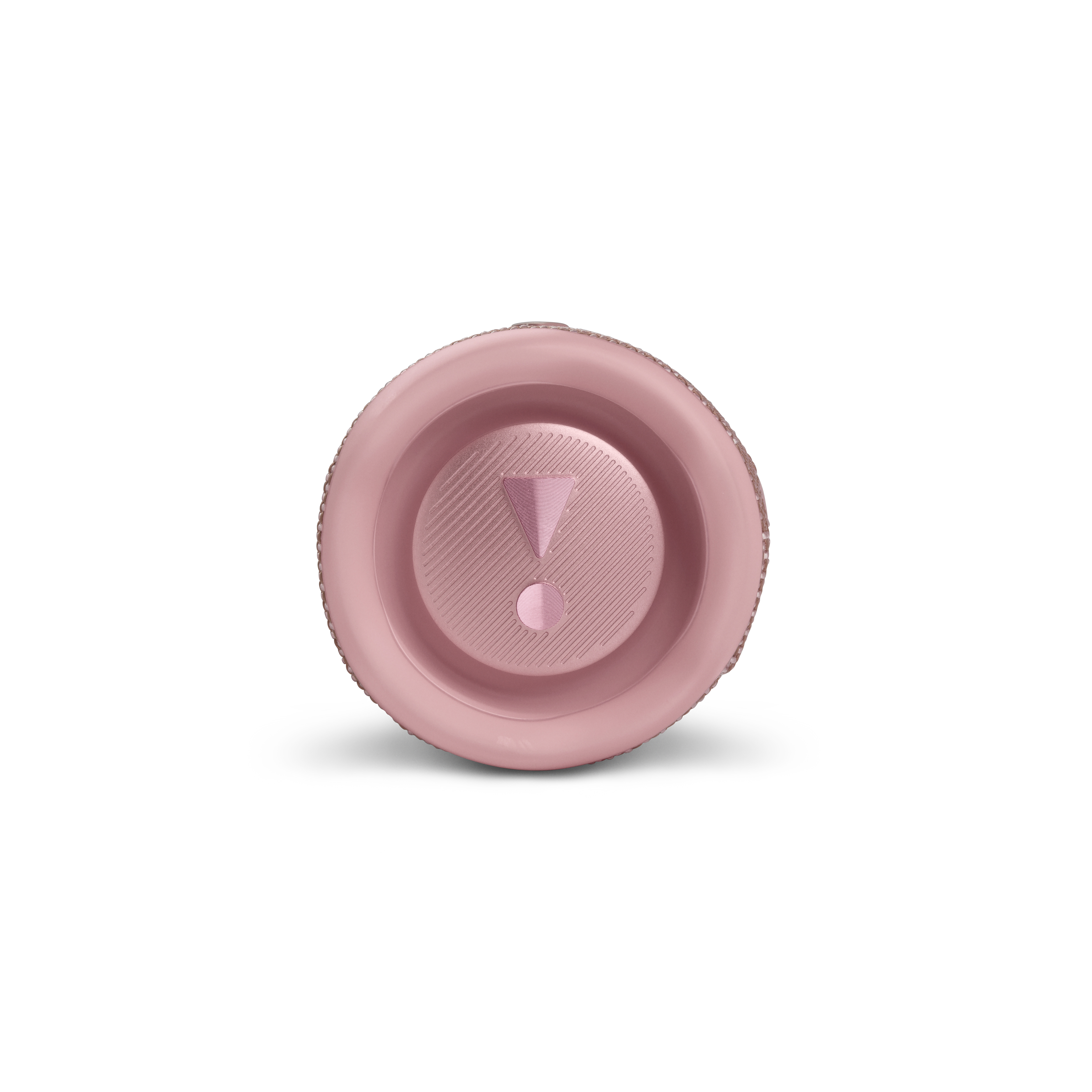 Beyaz zemin üzerinde pembe JBL hoparlör, üstten görünüm, JBL logosu görünüyor.
