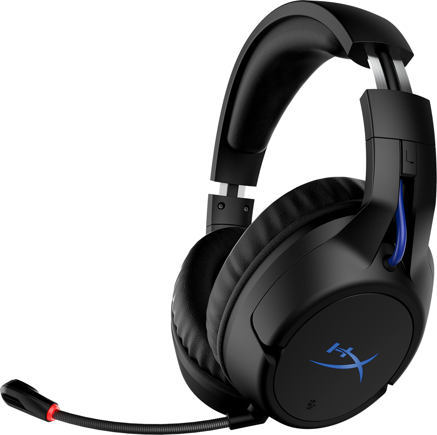 Zwarte headset met microfoon. Blauw logo op de oorschelp.