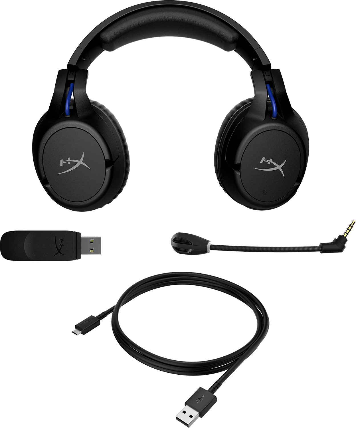 Zwarte HyperX gaming headset met afneembare microfoon, USB-dongle en oplaadkabel.