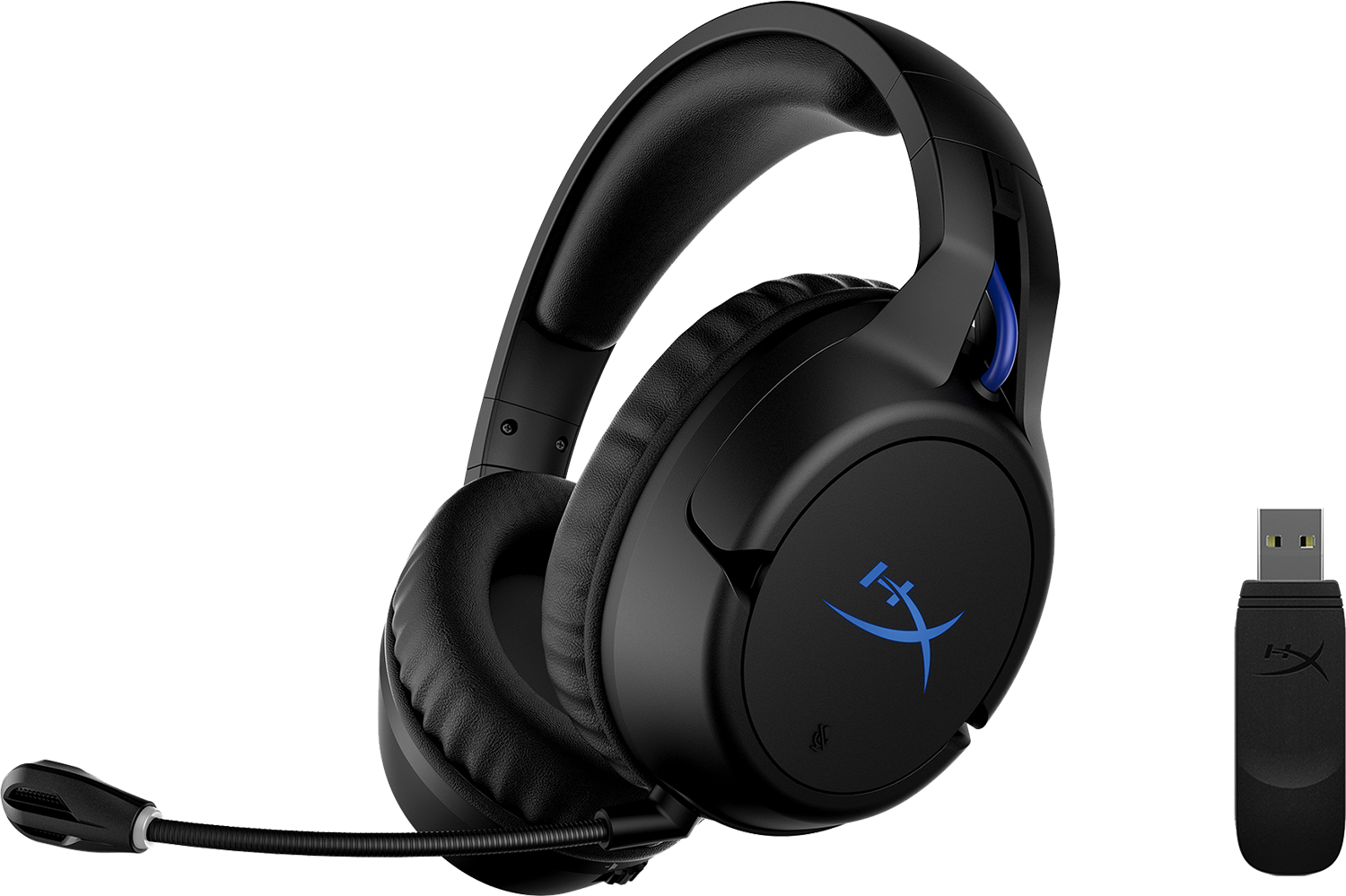 Zwarte gamingheadset met blauw logo en USB-dongle.
