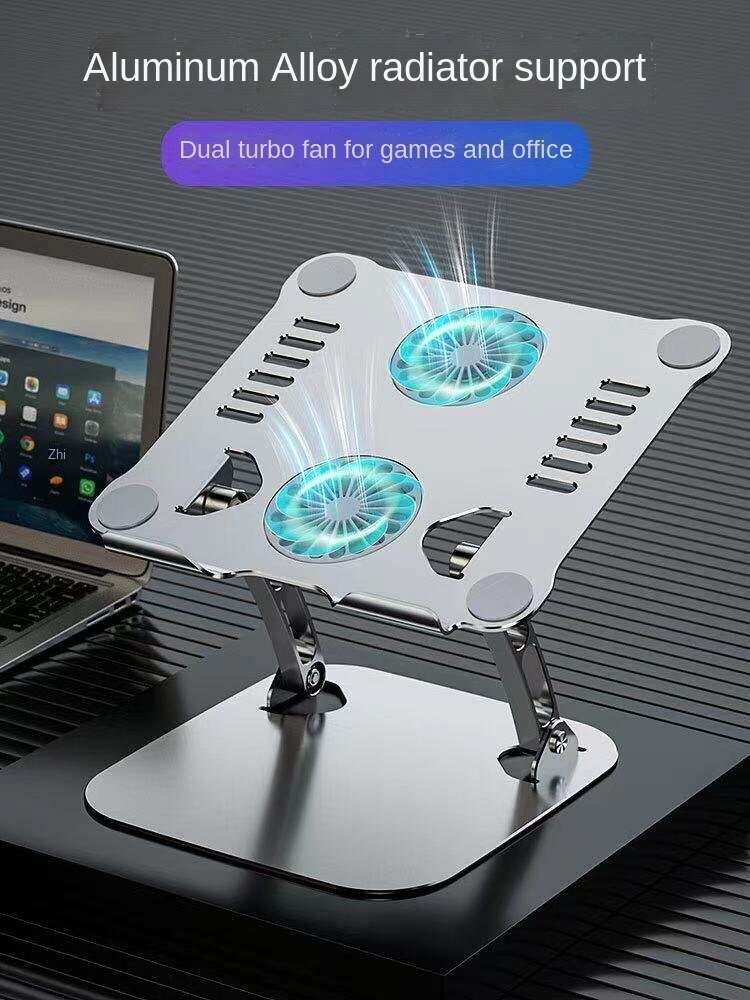 İki fanlı gümüş laptop standı. Metin: 'Alüminyum alaşımlı radyatör desteği'.