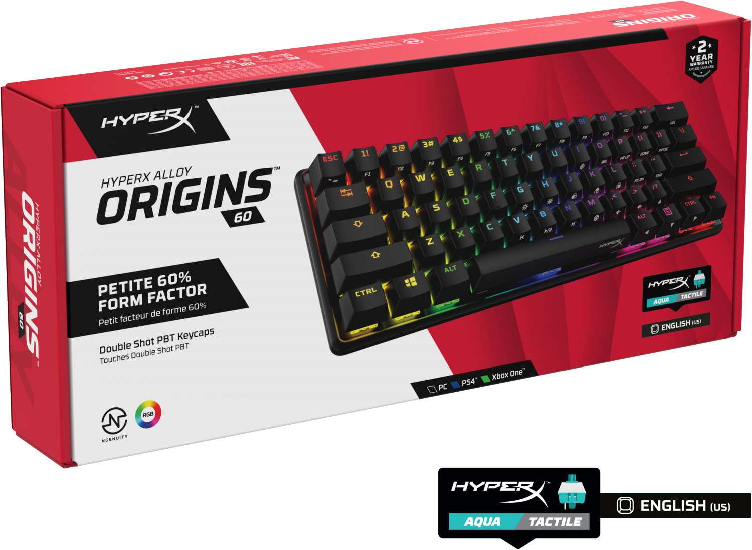 A red and black box of a HyperX keyboard on a white surface.