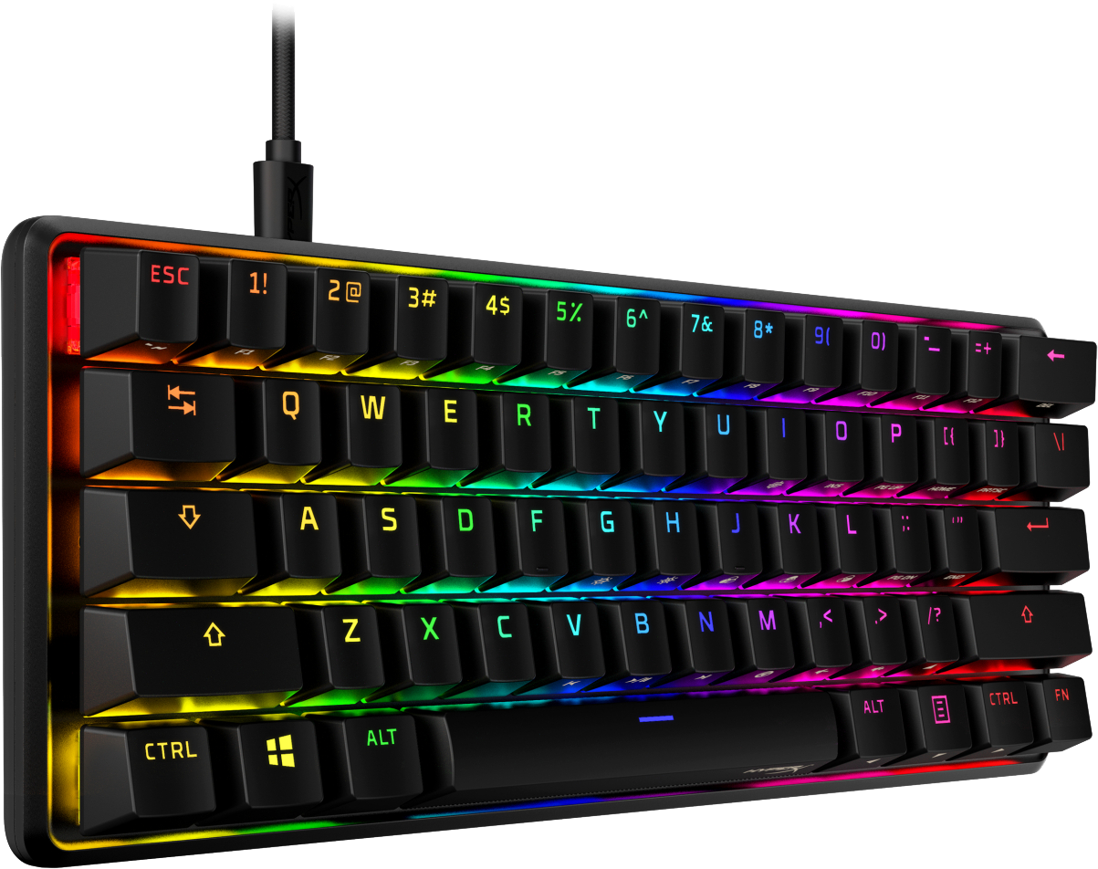 Black keyboard with rainbow-colored keys, including letters, numbers, and symbols. A wired connection is visible.