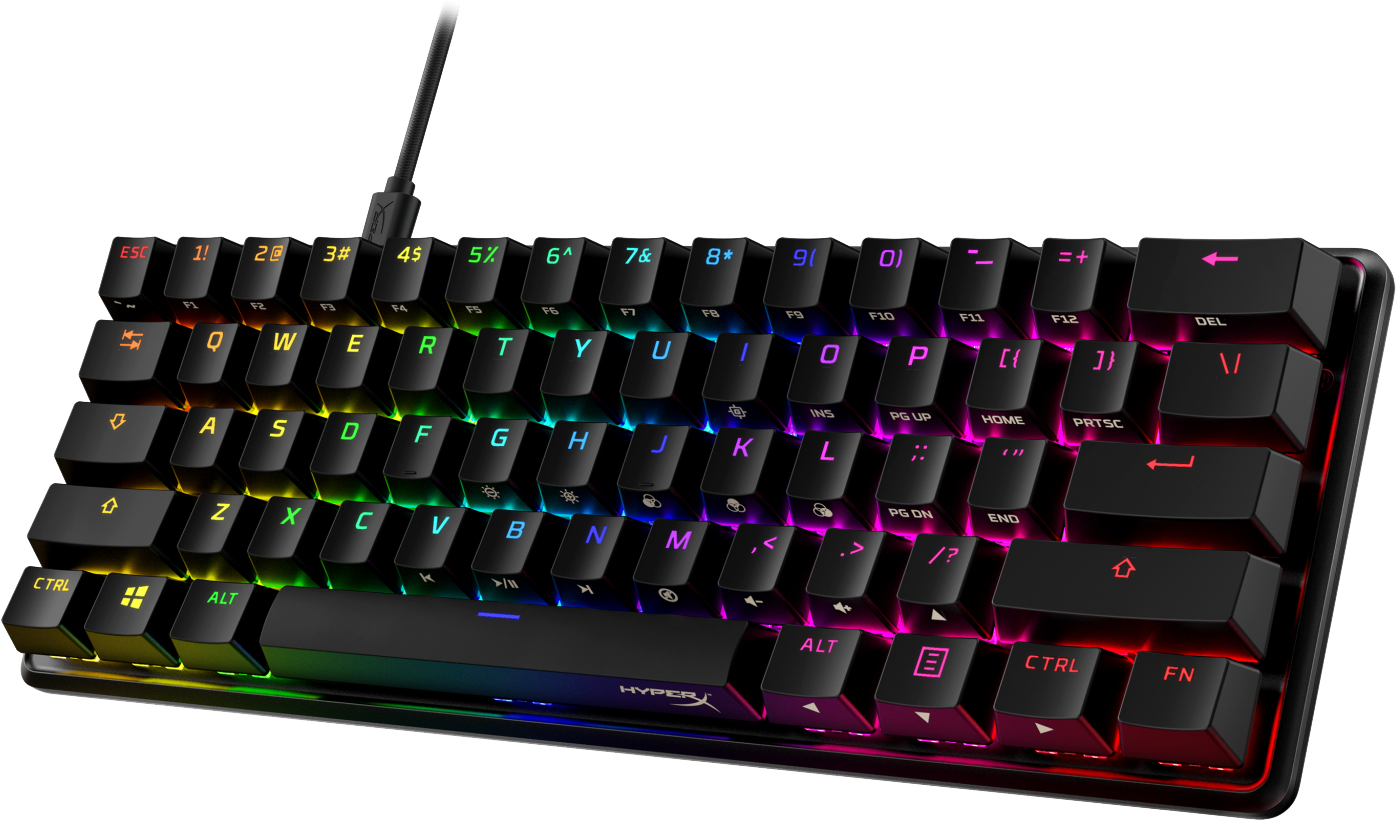 Black HyperX Origins 60 keyboard, rainbow keys, black cable, and white background.