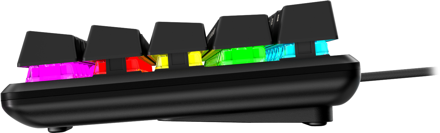 Black keyboard with colorful, illuminated keys. Side view, showing the keys and the underglow.
