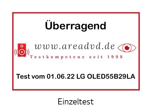 Testbericht von www.areadvd.de für LG OLED55B29LA, Bewertung "Überragend". Roter Rahmen und weißer Text.