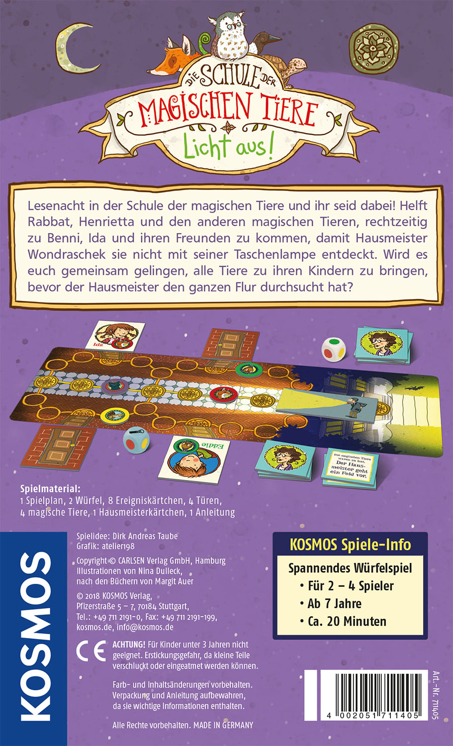 Brettspielbox mit Figuren und Text. Das Spiel heißt Die Schule der magischen Tiere.