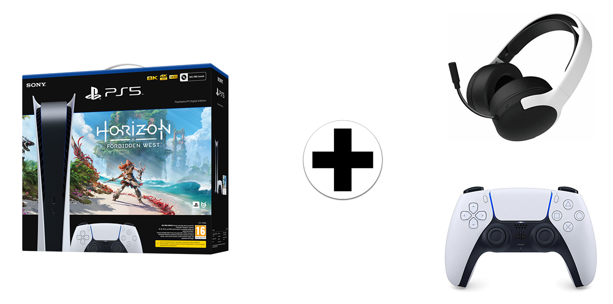 SONY PlayStation 5 Digital + Horizon: Forbidden West + extra controller (wit) + Qware draadloze headset