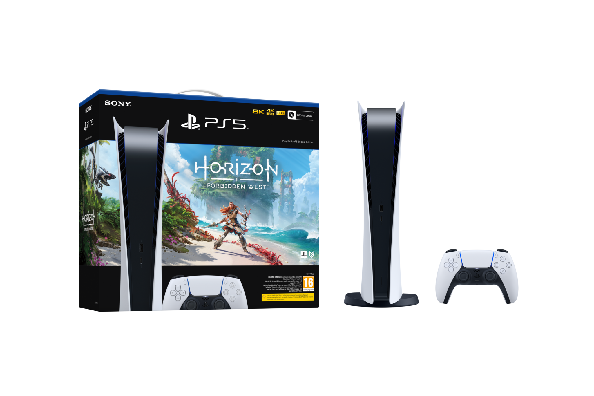 SONY PlayStation 5 Digital + Horizon: Forbidden West + extra controller (wit) + Qware draadloze headset