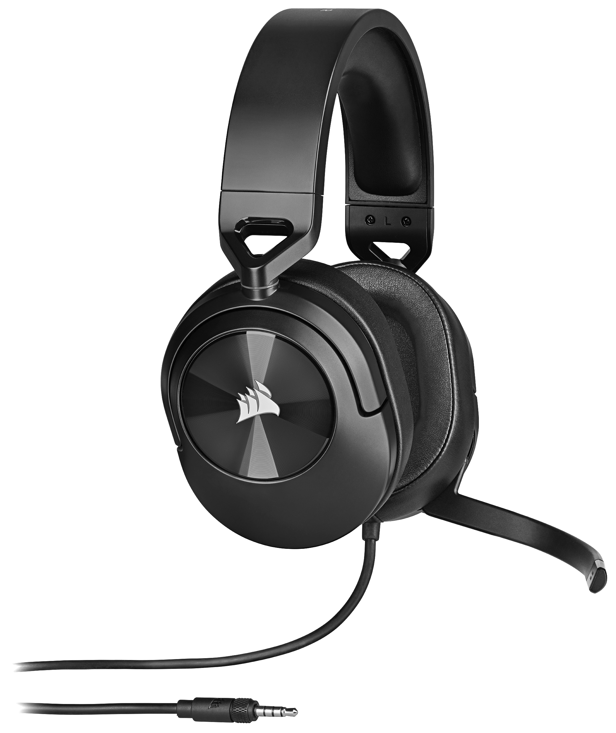 Schwarzes Corsair Gaming-Headset mit Mikrofon und Kabel, Vorderansicht, auf weißem Hintergrund.