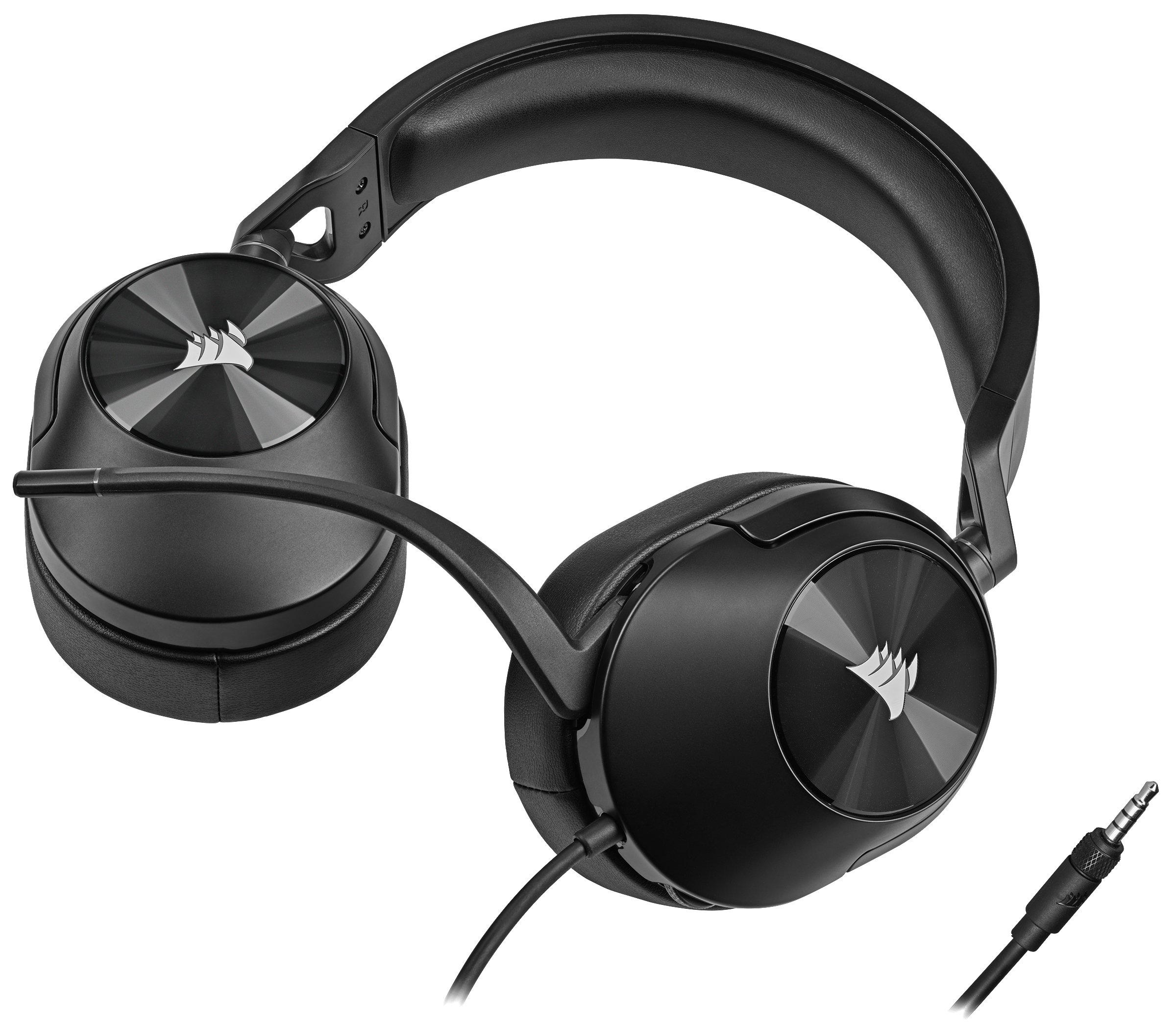 Schwarzer Corsair-Kopfhörer mit Mikrofon und 3,5-mm-Klinkenkabel. Weißer Hintergrund.