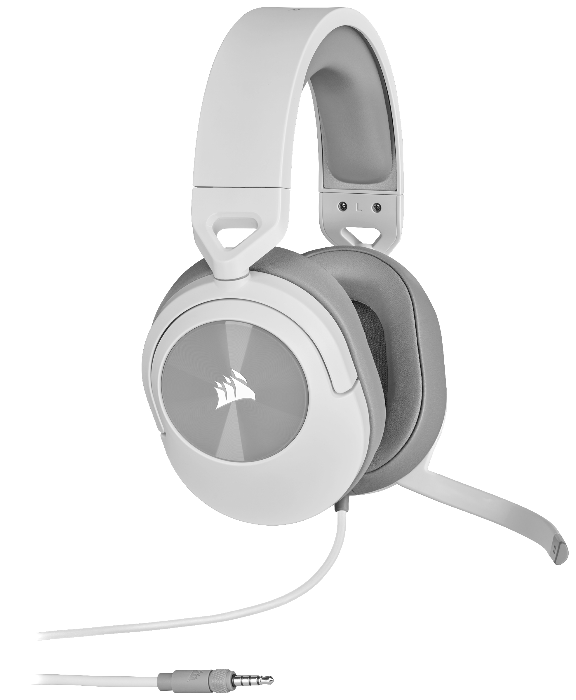 Weißes und graues Gaming-Headset. Es hat ein Mikrofon und ein Kabel mit Klinke.