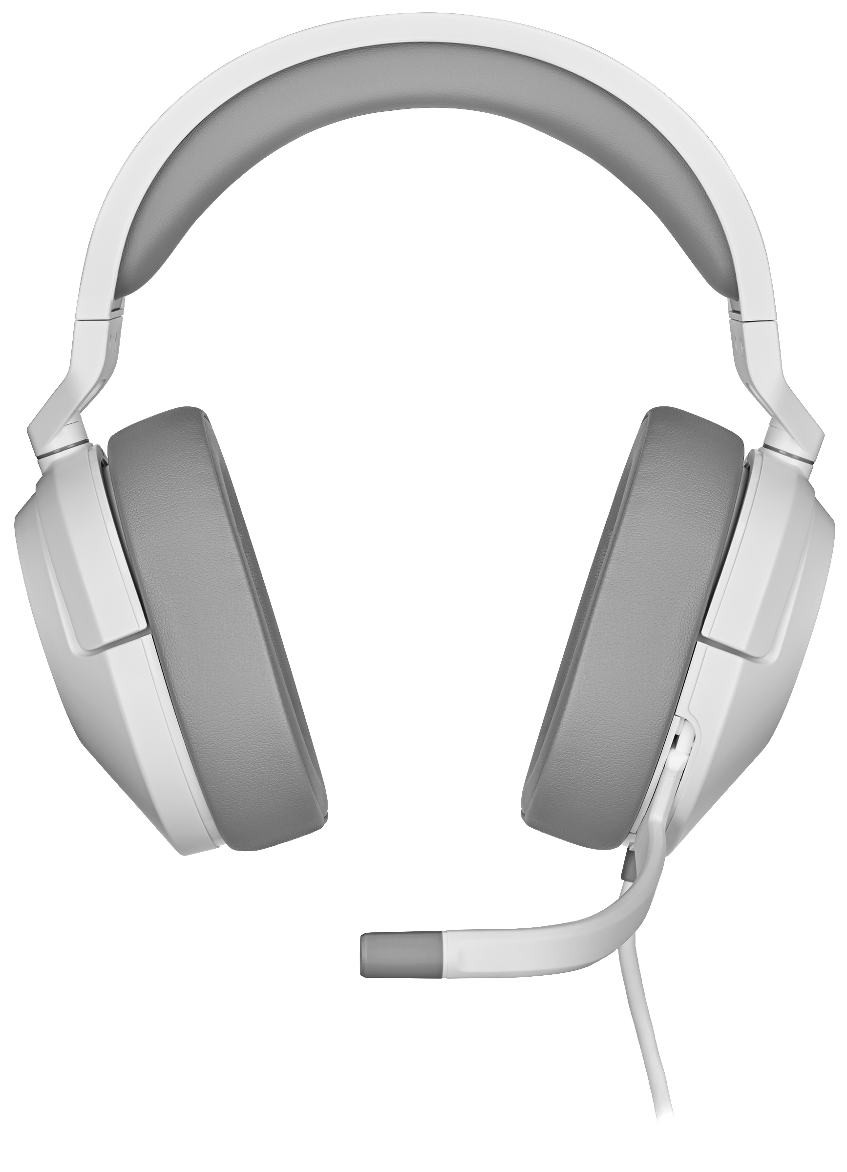Weiß-graues Gaming-Headset mit Mikrofon, auf weißem Hintergrund platziert.