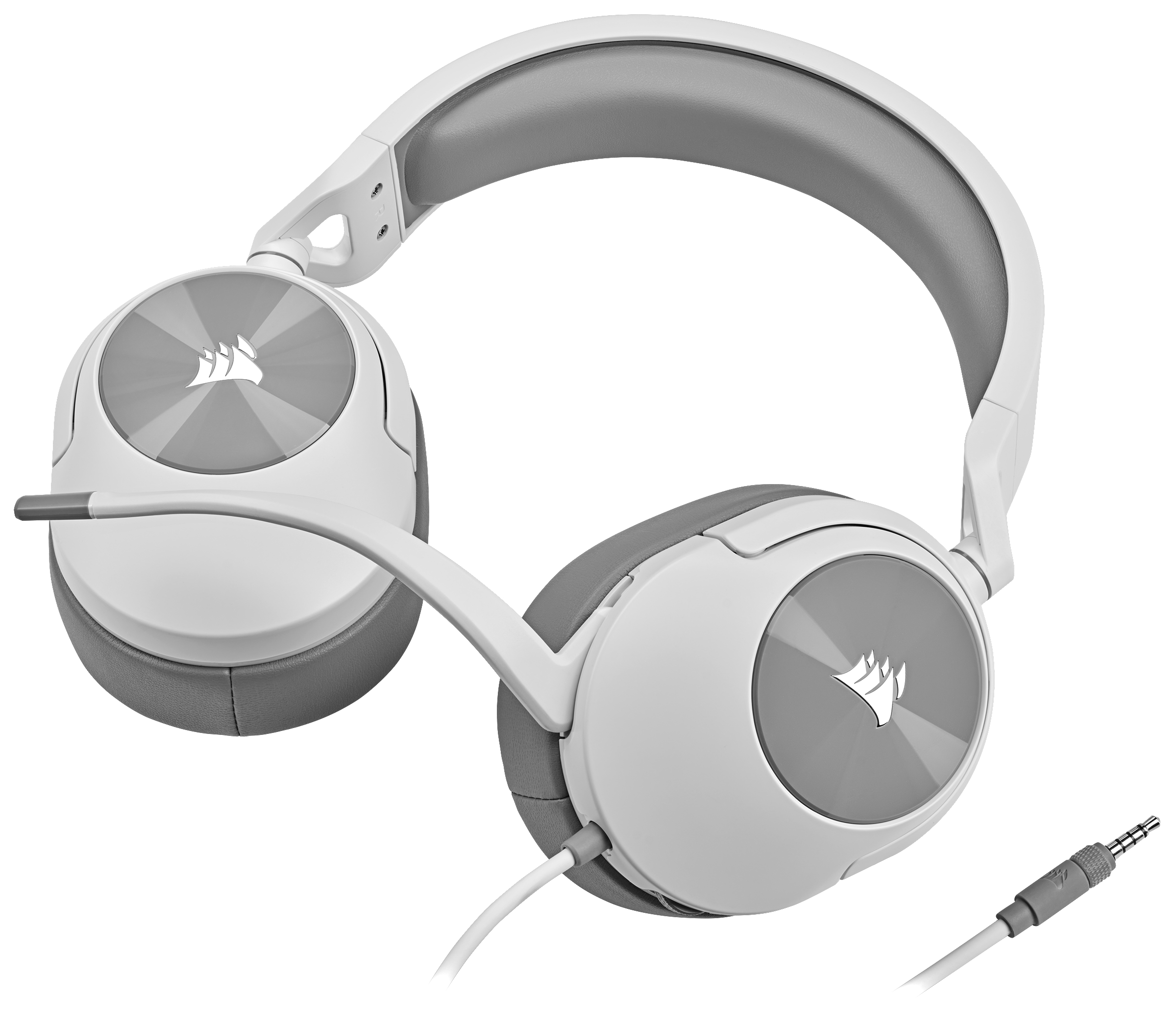 Weißes und graues Corsair Gaming-Headset mit Mikrofon und Kabel mit 3,5-mm-Klinke.