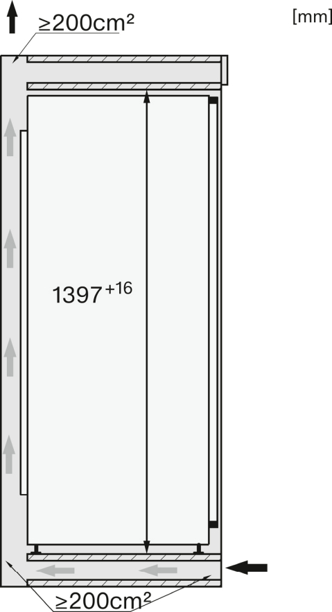 Diagramm mit Abmessungen und Pfeilen, die Luftstrom und Installationsraum anzeigen.