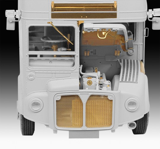 Modell eines Busmotors und der Front, Schnittansicht, Graustufen.