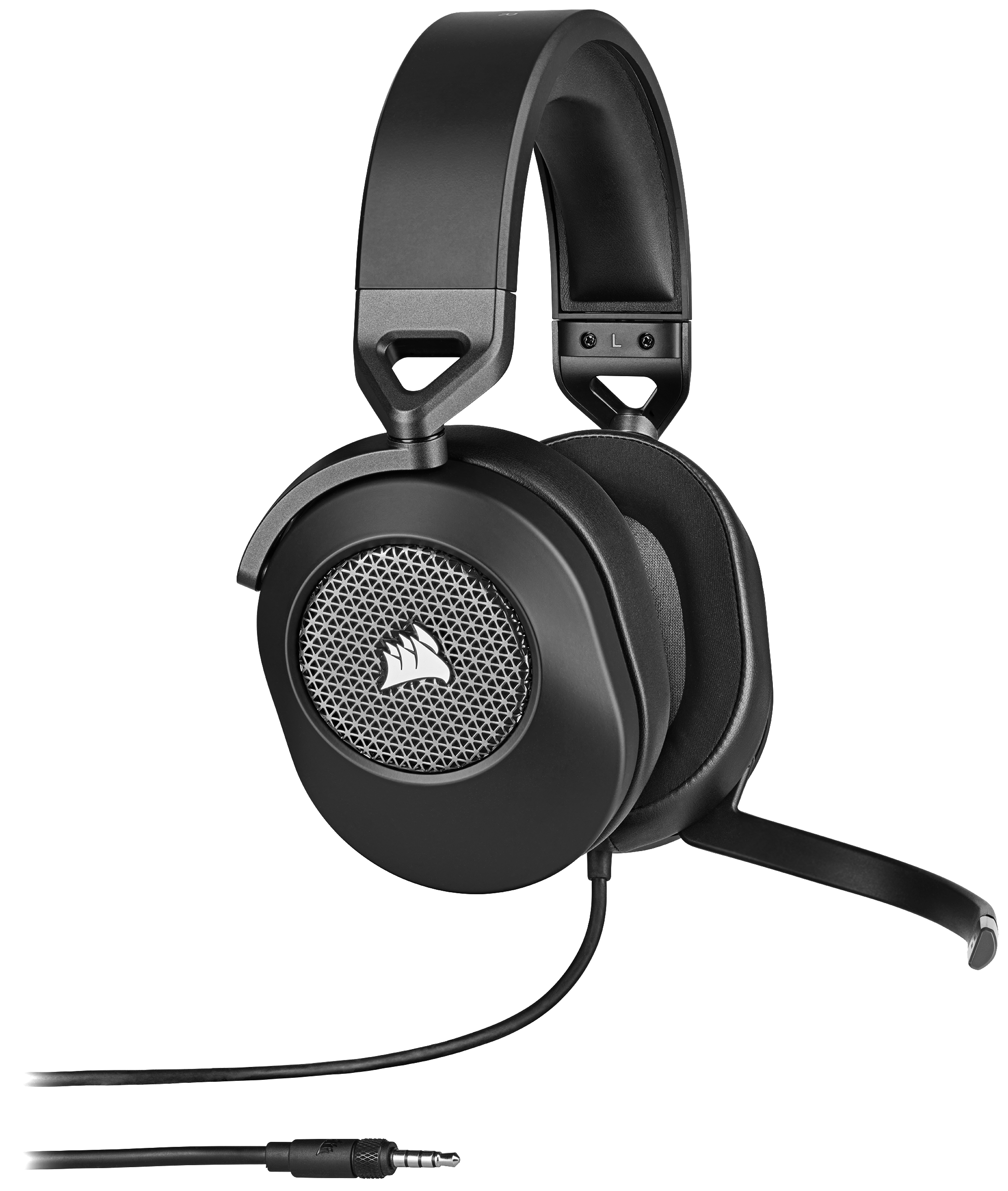 Schwarzes Corsair Gaming-Headset mit Mikrofon, Kabel und Stecker.