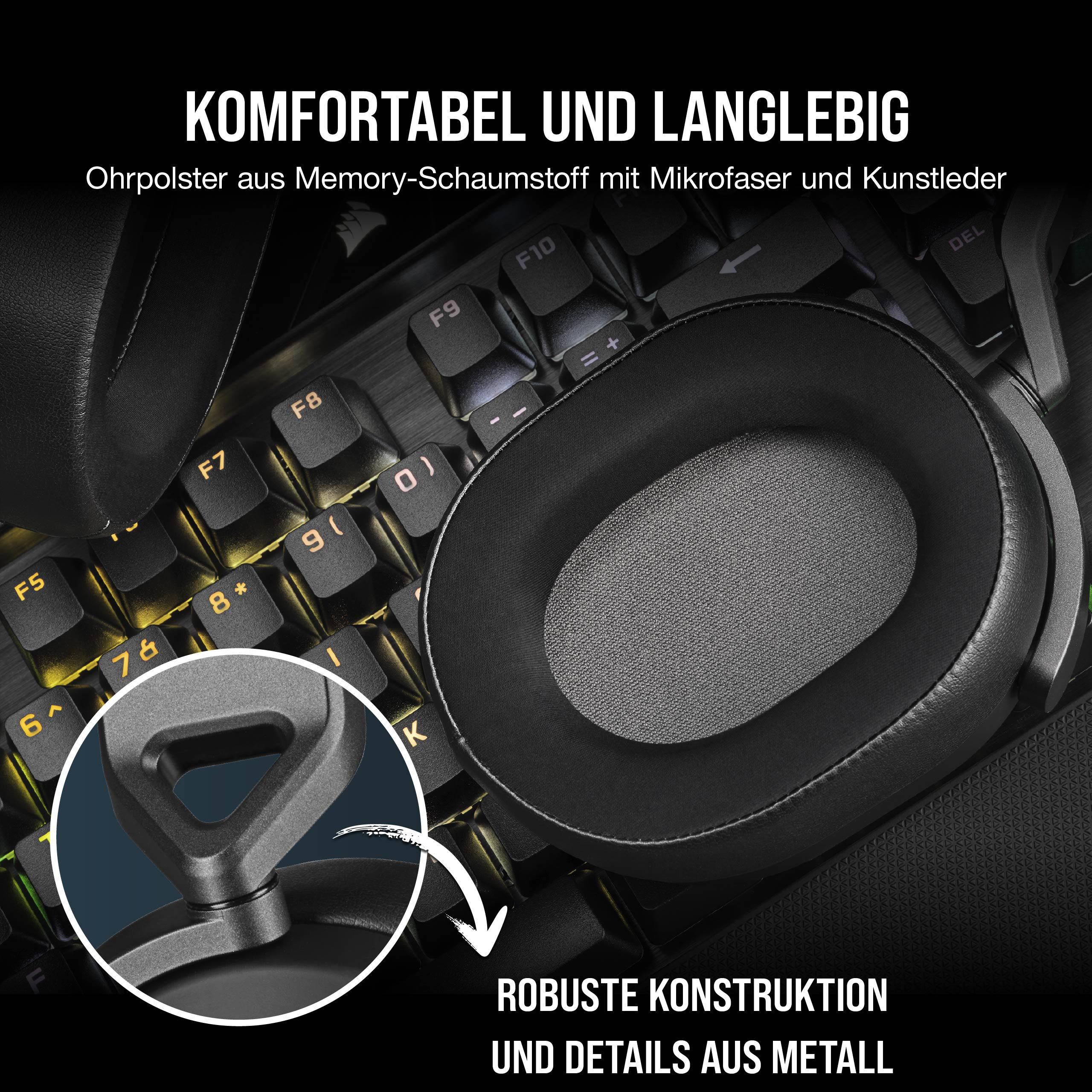 Nahaufnahme einer Gaming-Headset-Ohrmuschel mit Memory-Schaum und Metalldetail.