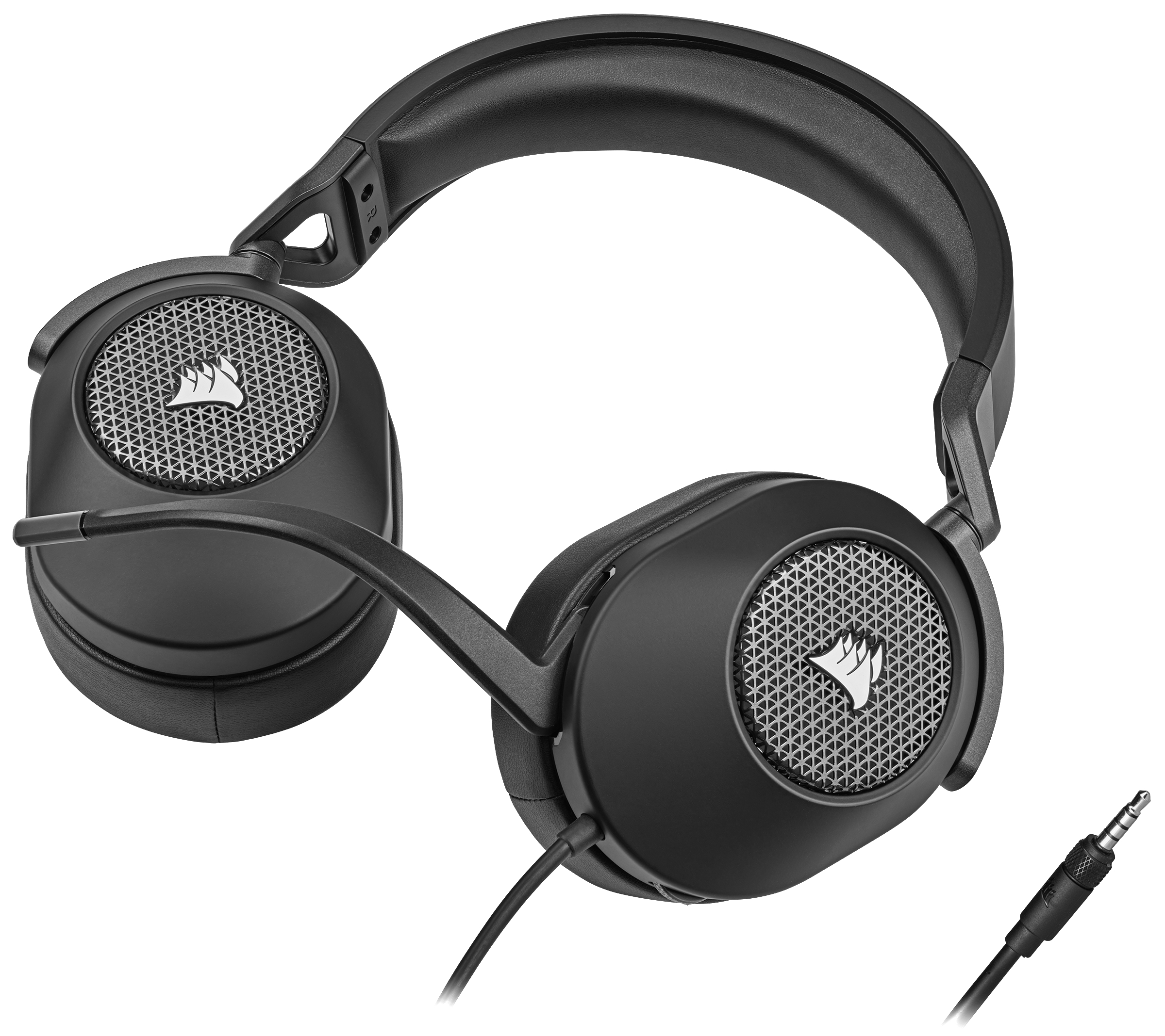 Schwarzes Corsair Gaming-Headset mit Mikrofon und 3,5-mm-Klinke, schwarzer Hintergrund.