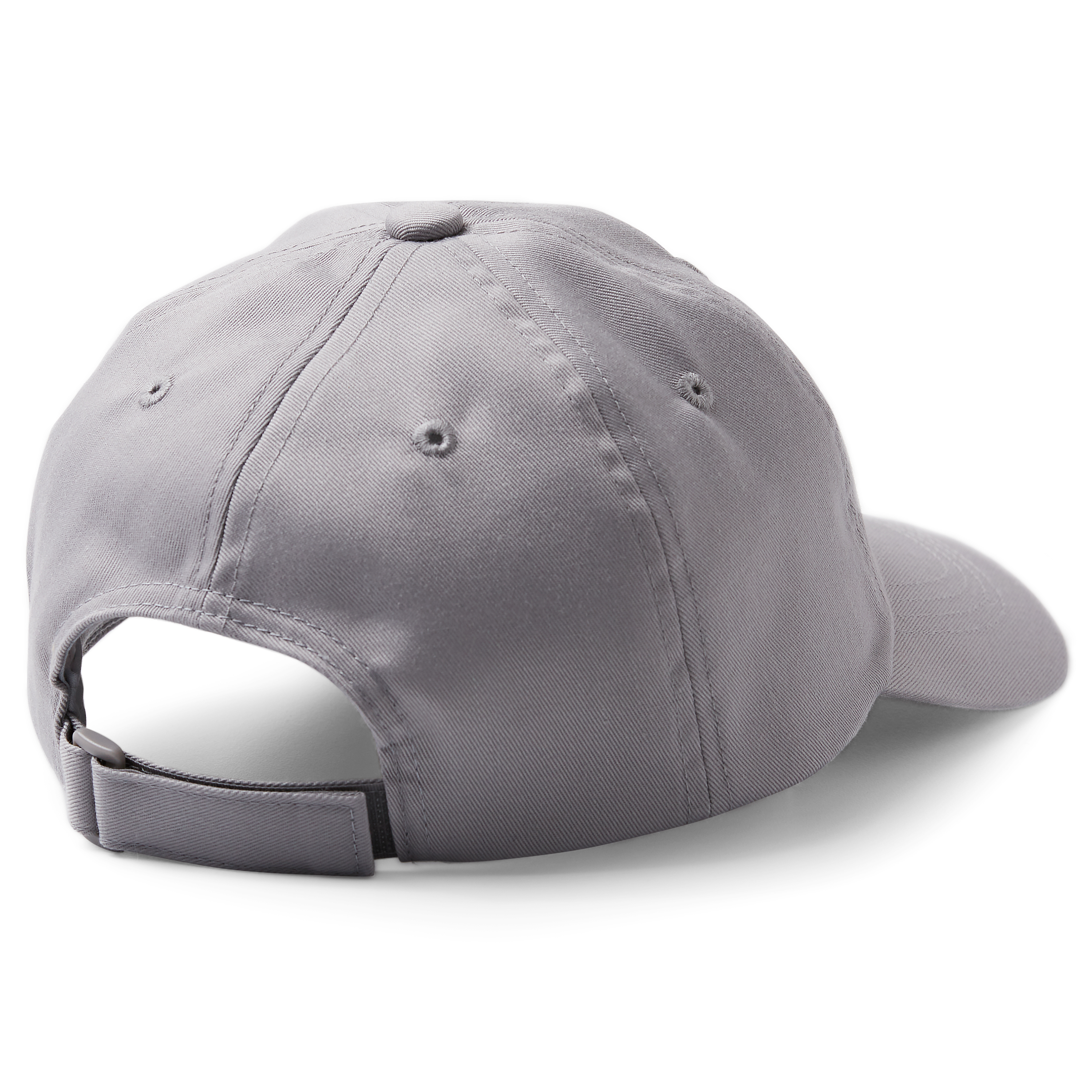 Eine graue Baseballkappe wird von hinten gezeigt. Sie hat einen gebogenen Schirm und einen verstellbaren Riemen.