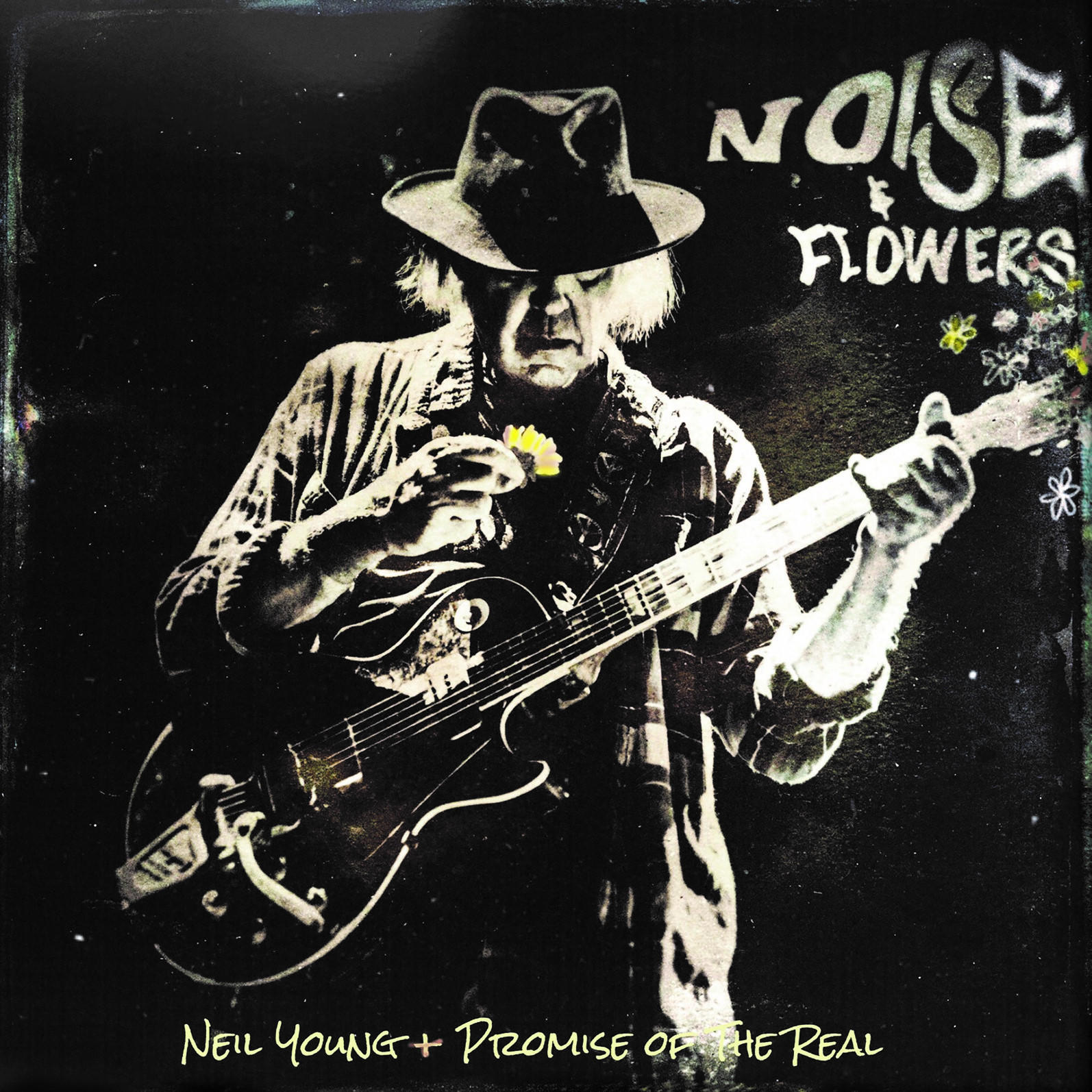 Pochette d'album de Neil Young avec une guitare. Le texte indique "Noise Flowers" et "Promise of the Real".