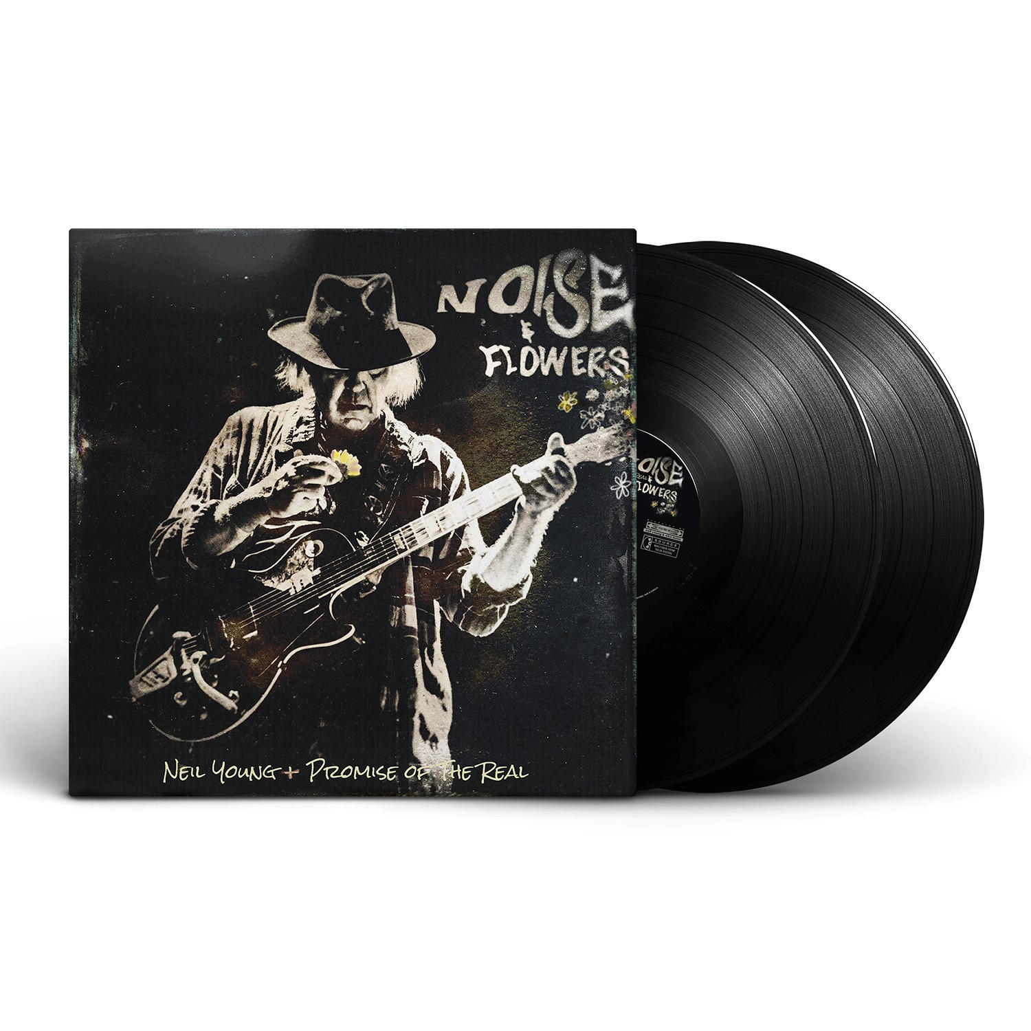 Neil Young mit Gitarre auf Vinyl-Albumcover.