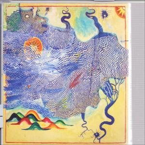 Abstrakte Kunst mit blauen und weißen Zickzacklinien, orangefarbener Sonne und bunten Hügeln.