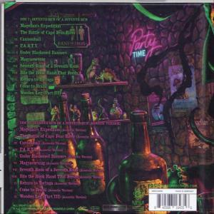 Album-Rückseite mit Texten und Illustrationen. Enthält die Titelliste und Logos. Dunkle Farbe.
