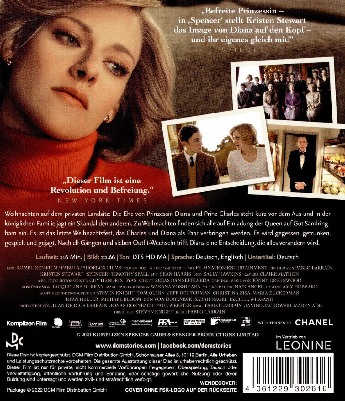 DVD-Cover für den Film Spencer. Zeigt Kristen Stewart als Prinzessin Diana, mit Text und Filmdetails.