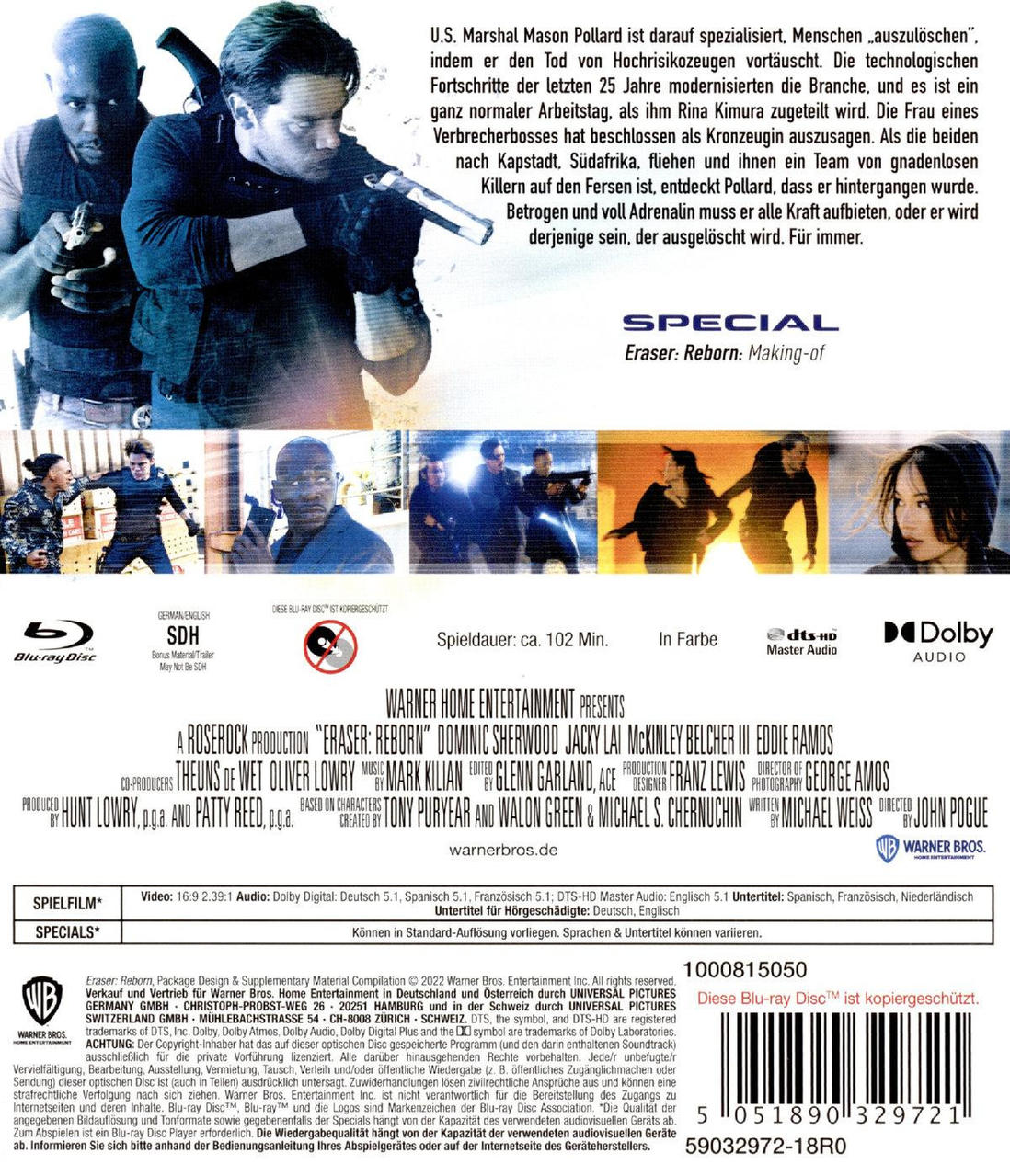 DVD-Cover mit Actionszenen und Text. Zeigt einen Mann im Anzug mit einer Waffe.