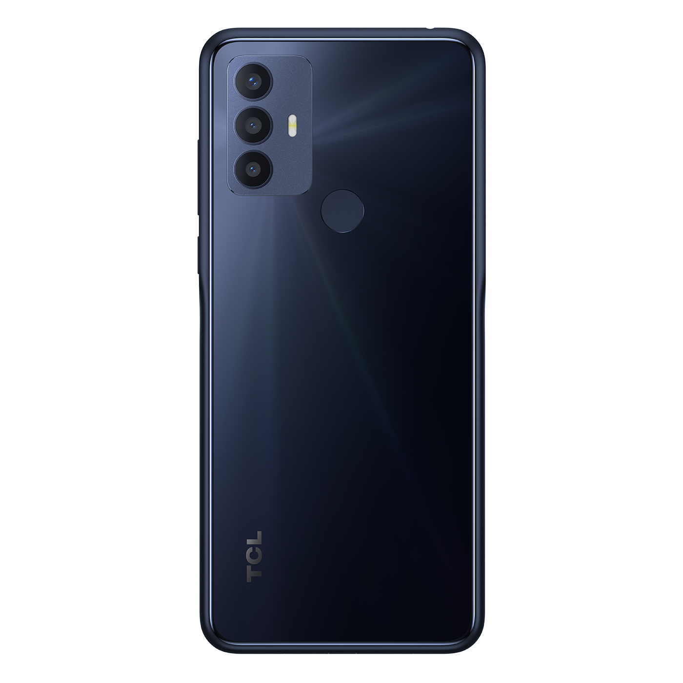 Arka tarafında üç kamerası olan mavi bir akıllı telefon. 'TCL' markası altta yer alıyor.