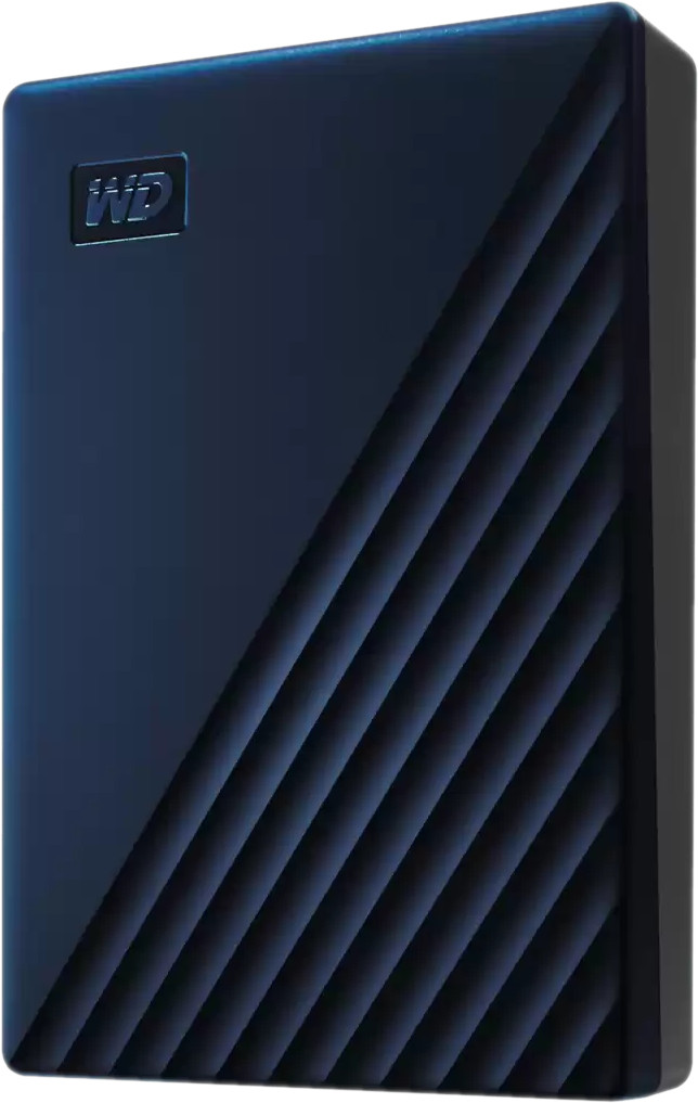 Dark blue external hard drive.  Diagonal lines and a square logo on the front.