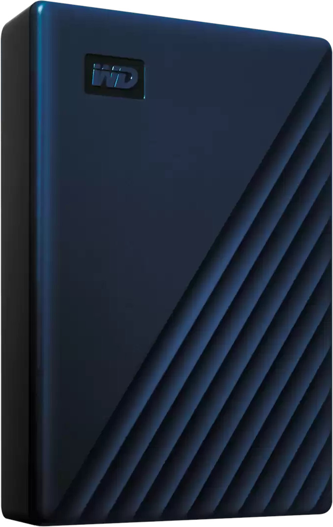 Navy blue external hard drive with diagonal lines on the surface.