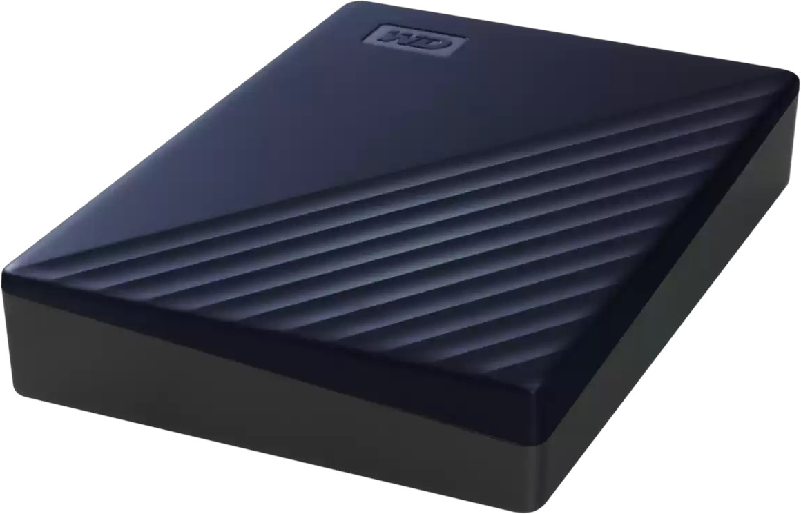 A black, rectangular external hard drive with angled lines on the top surface.