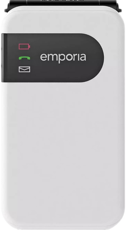 Witte Emporia mobiele telefoon met een zwarte bovenkant. Groene batterij- en e-mailpictogrammen worden weergegeven.