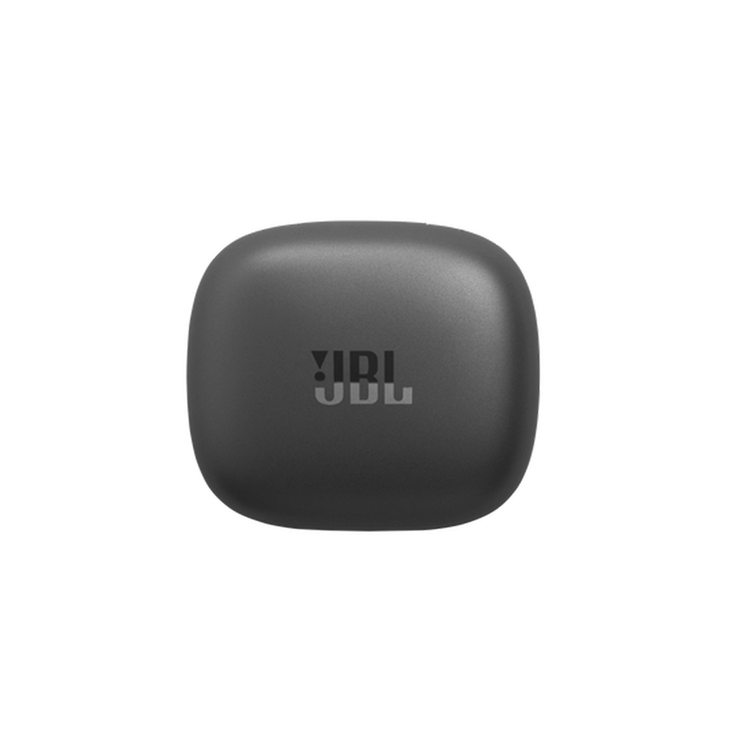 Estuche de carga negro, de forma cuadrada, con el logotipo de JBL sobre un fondo negro.