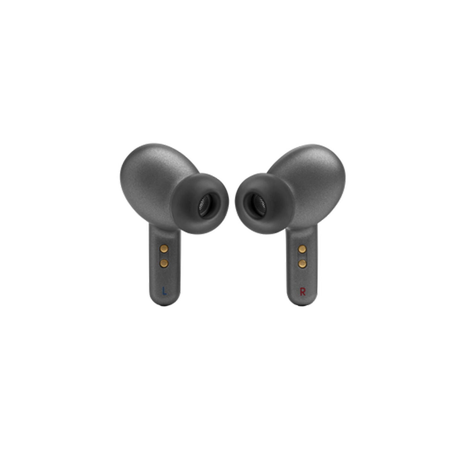 Dos auriculares inalámbricos grises sobre fondo negro.