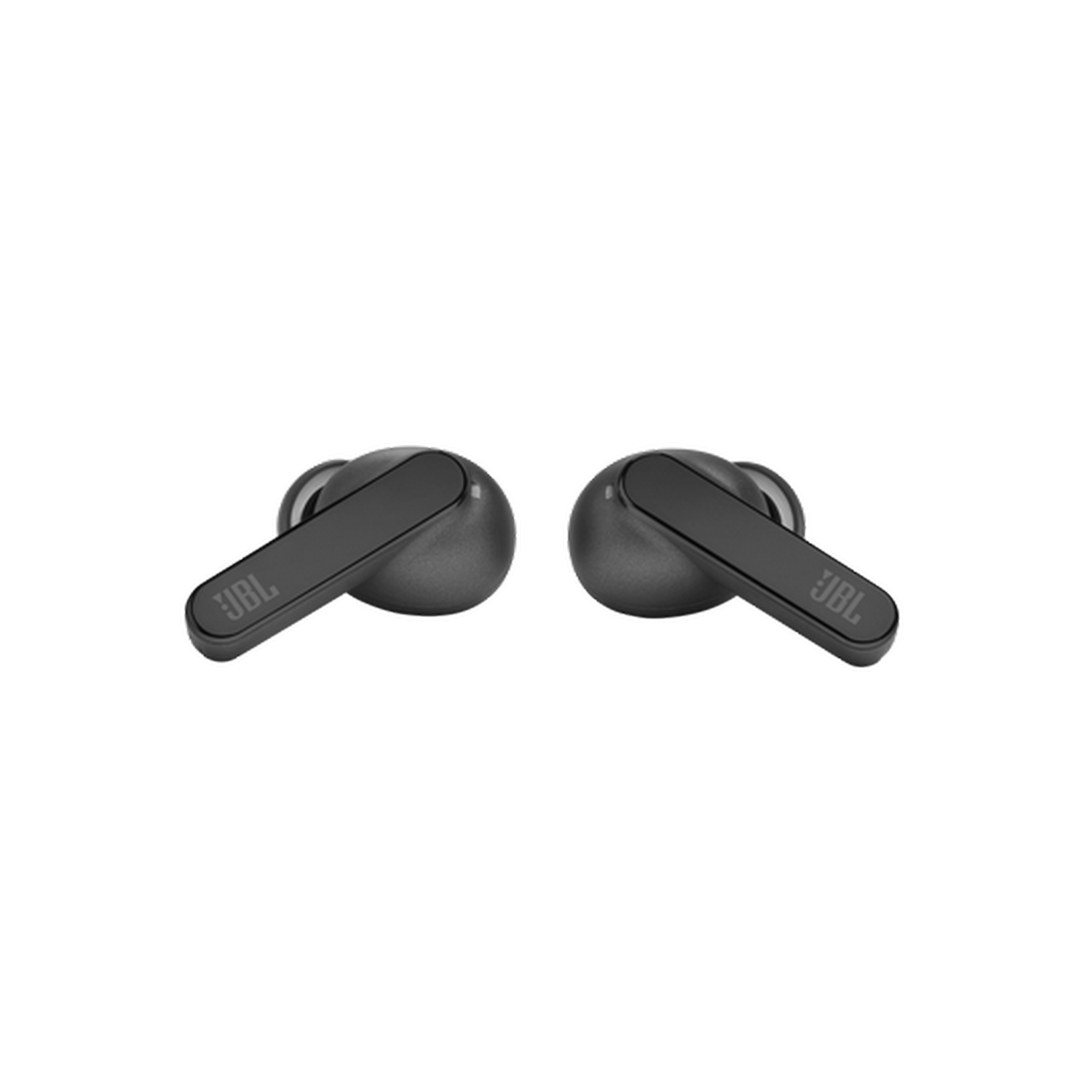 Dos auriculares inalámbricos JBL negros. Fondo negro.