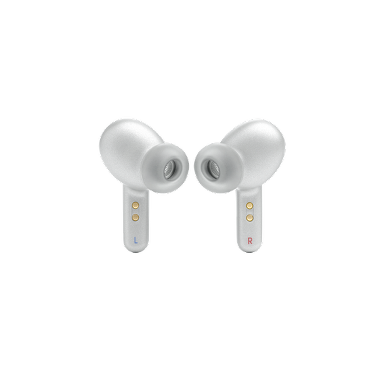 Par de auriculares blancos. Los auriculares están cerca, mostrando los indicadores 'L' y 'R'.