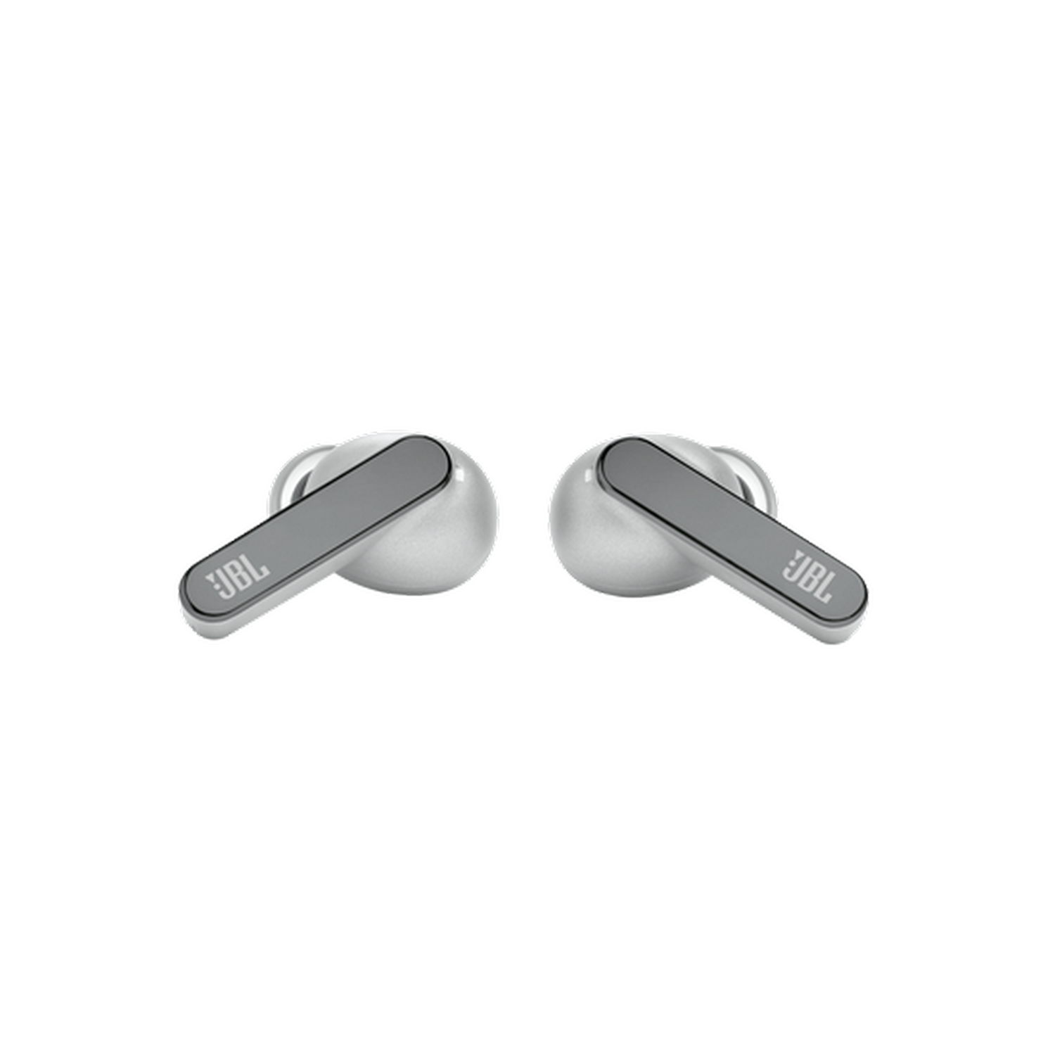 Dos auriculares JBL grises contra un fondo negro, aislados.