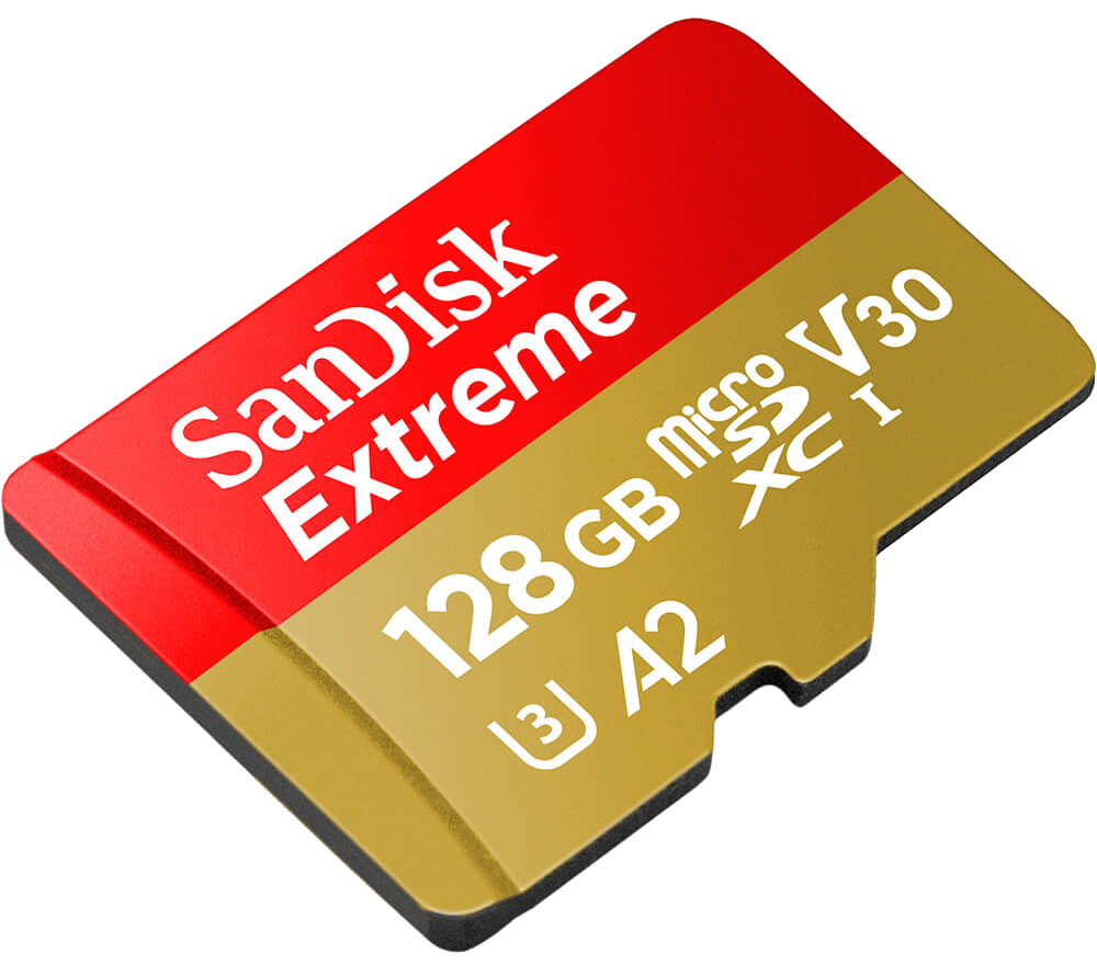 Rote und goldene SanDisk Extreme microSD-Karte. Text: 128 GB, micro SD, V30, A2. Schwarzer Hintergrund.