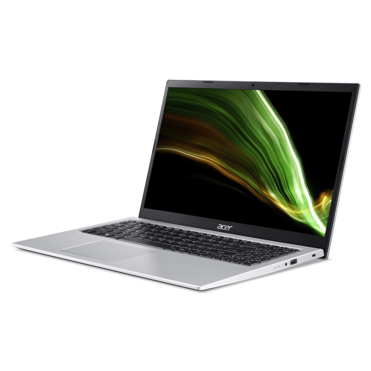 Una computadora portátil plateada con una pantalla abierta que muestra un diseño abstracto verde y negro. Está sobre una superficie blanca.