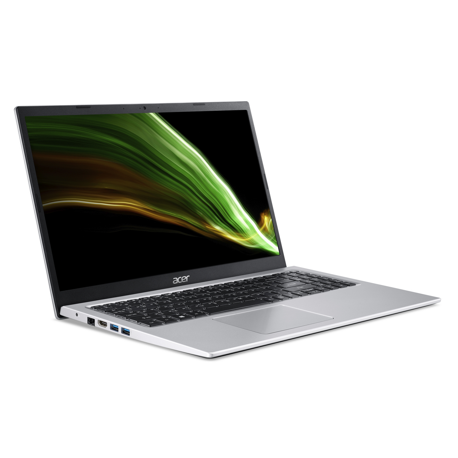 Portátil plateado abierto, la pantalla muestra un diseño abstracto verde y dorado. Logotipo de Acer visible.