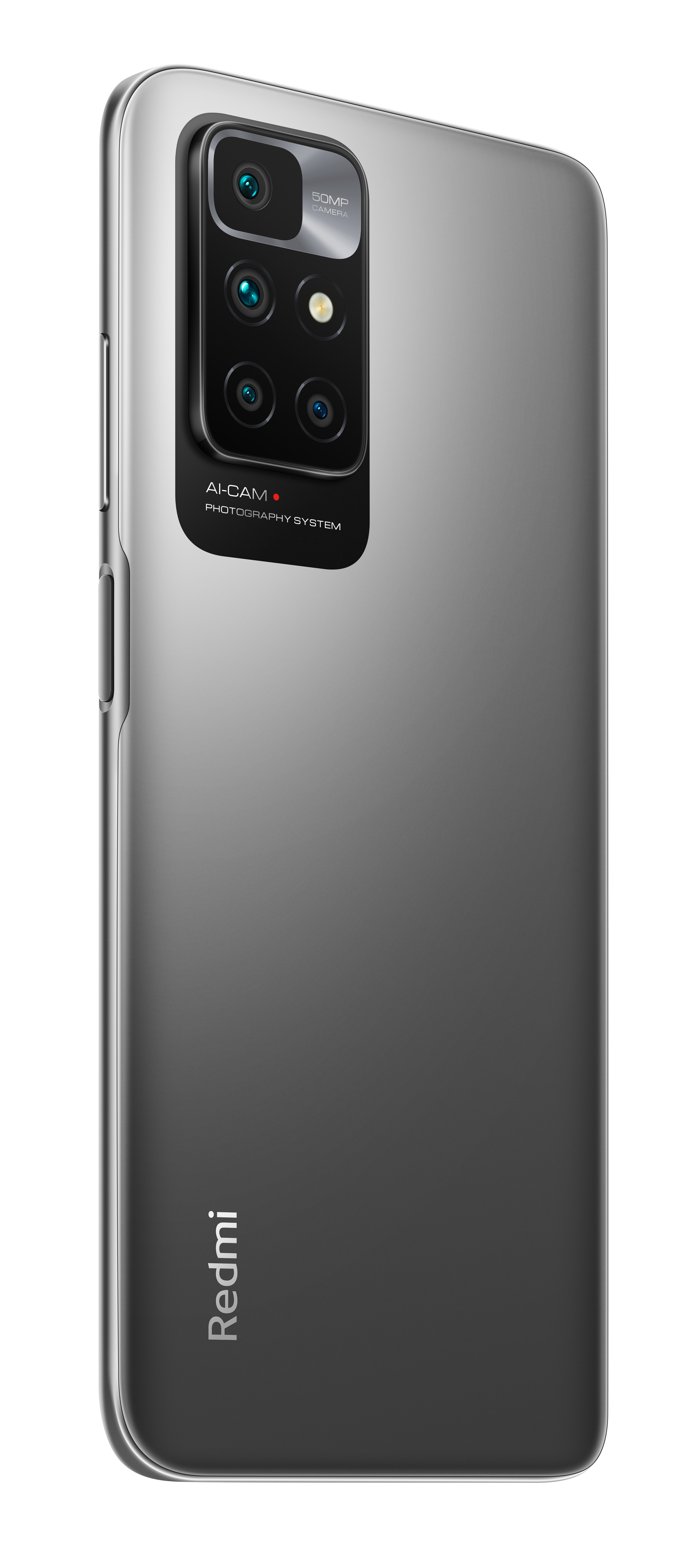 Rückansicht eines grauen Redmi-Smartphones mit Quad-Kamerasystem und Markennamen.