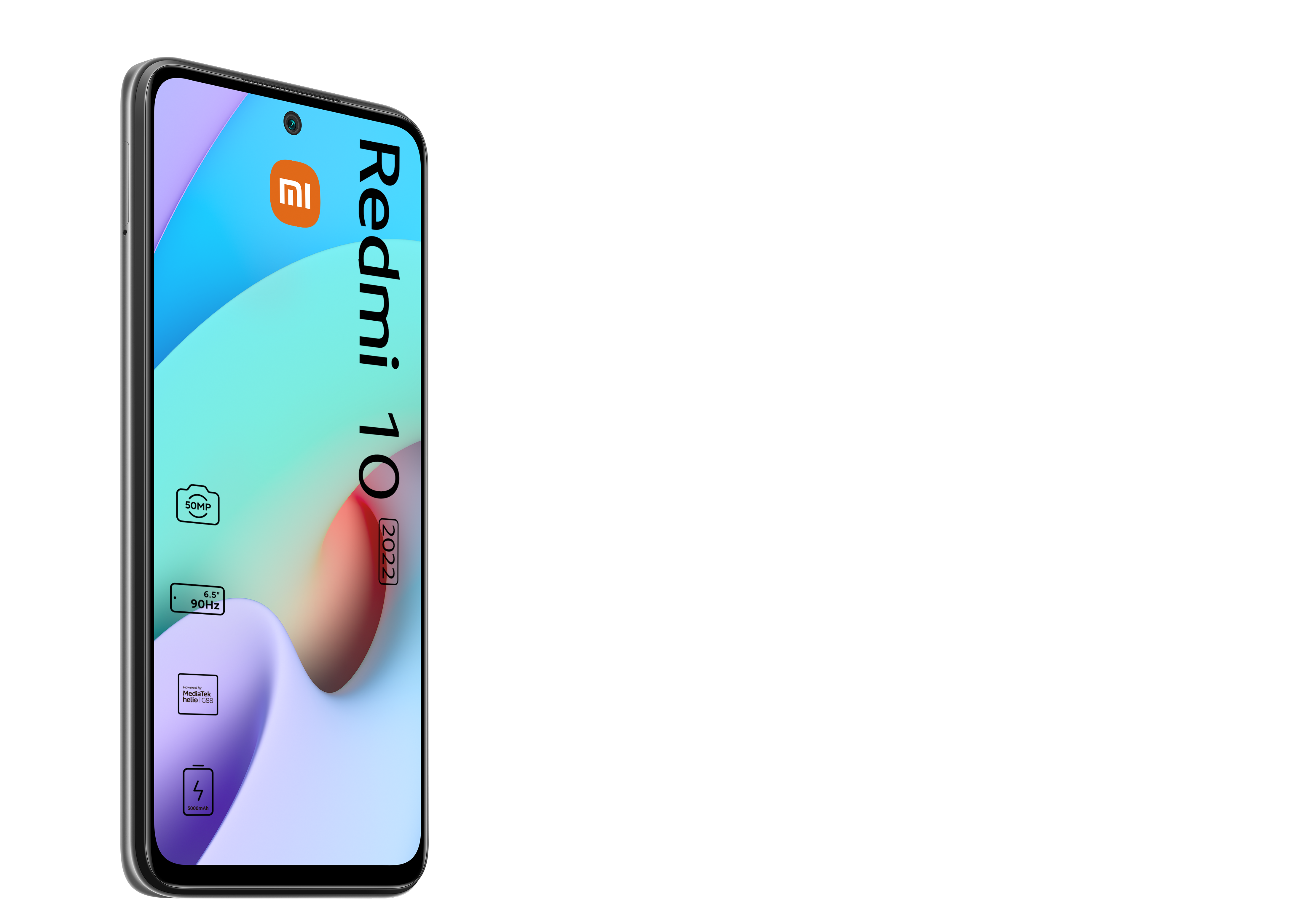 Smartphone mit blauem und grünem Hintergrund, das Wort Redmi ist sichtbar.