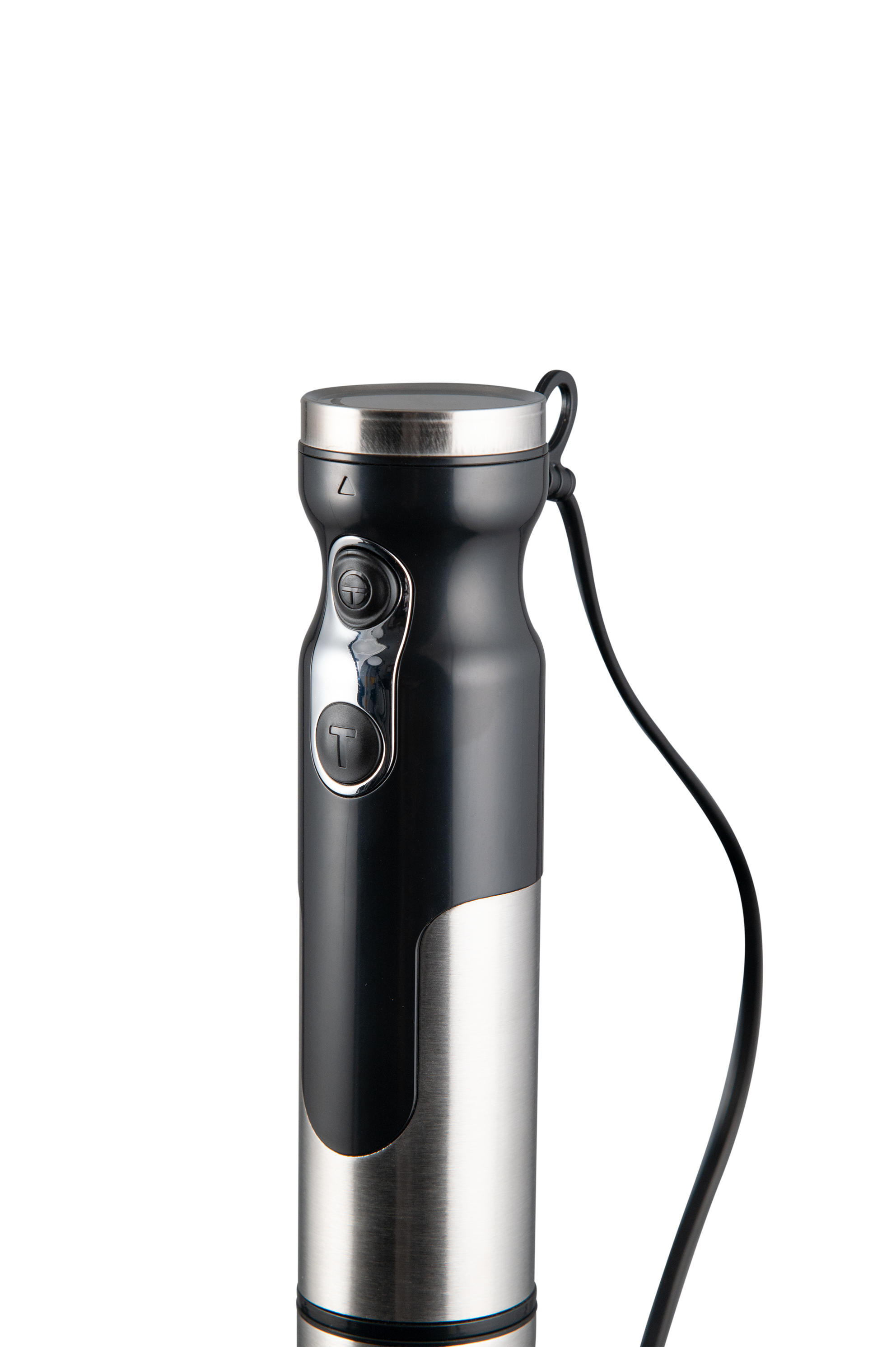 Ein schwarzer und silberner Stabmixer mit Kabel.